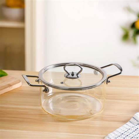 Transparent Glass Cooking Pot With Stainless Steel Grip Handles 2500ml ...