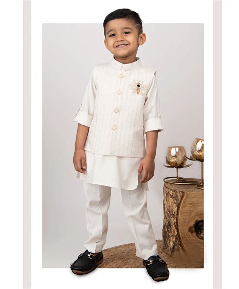 Boys Hand Embroidered Insect Motif Ethnic Jacket Kurta Pajama Set- Cre ...