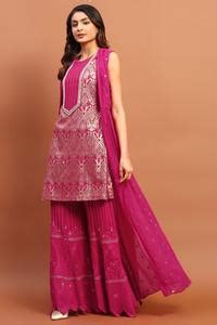 Buy Magenta Georgette Sequins, Foil Printing Embroidered Cape Gharara ...