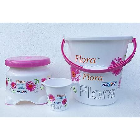 Nayasa Flora Bathroom Bucket,Stool and Mug Set (20 L,White/Pink/White ...