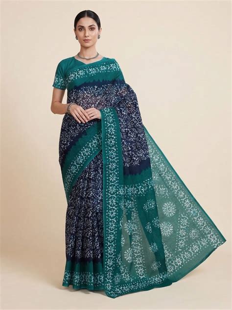 Rama Green Batik Printed Pure Cotton Saree – Salwar Studio