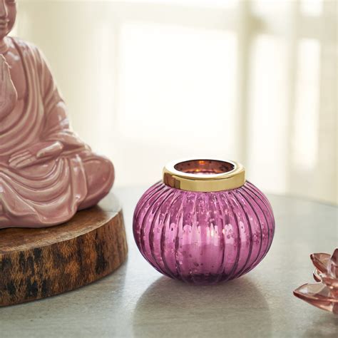 Pink Round Ribbed Glass Tea Light Holder