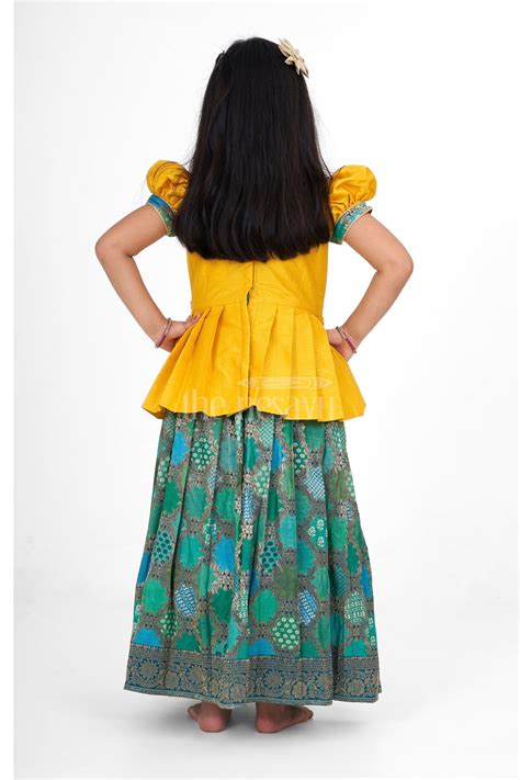 Nesavu Girls Pattu Pavadai Yellow Green Puff Sleeves Beaded Waistline ...