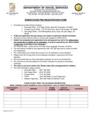 Fillable Online ORIENTATION PRE-REGISTRATION FORM - California Fax ...