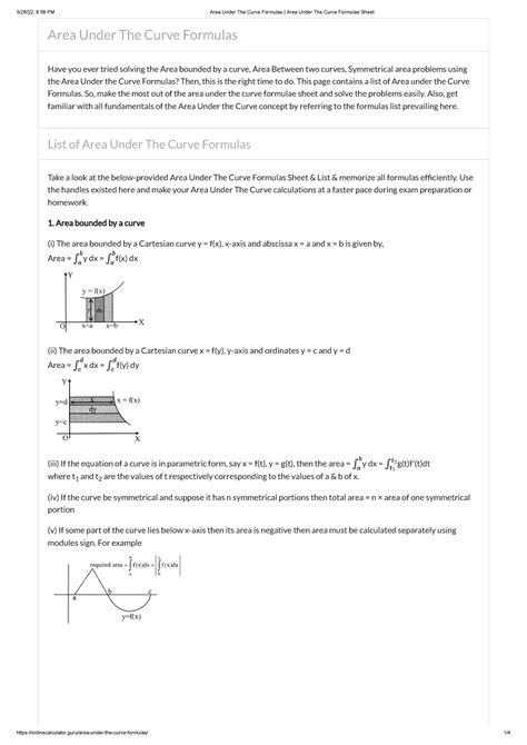Area Under The Curve Formulas Area Under The Curve Formulae Sheet ...