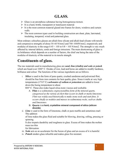 Glass Notes FNAL - Module 1 - GLASS. Glass is an amorphous substance ...