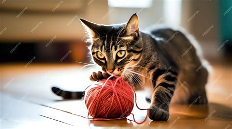 Premium Photo | A playful cat pawing at a ball of yarn on a hardwood floor