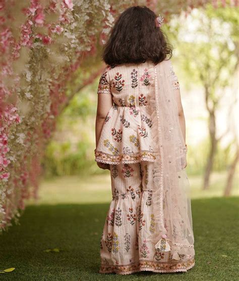 Buy Peach Cotton Print Kurti Sharara and Peach Net Dupatta – FayonKids