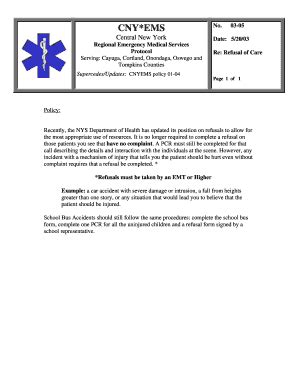 Fillable Online cnyems Update on Patient Refusals. NYS EMS Policy ...