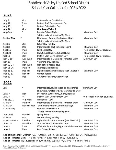 Saddleback District Calendar