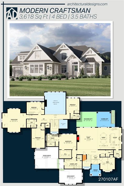 Plan 270107AF: 4-Bed Craftsman House Plan with Two-Story Great Room ...