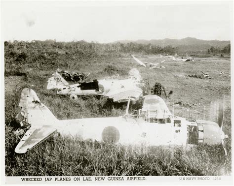 Wrecked Japanese airplanes at an airfield, Lae, 1943 | The Digital ...