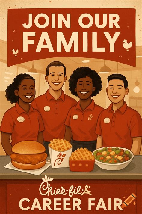 Illustrated poster for a Chick-fil-A career fair with smiling employees ...