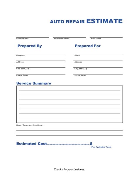 Auto Repair Estimate Template | Invoice Maker