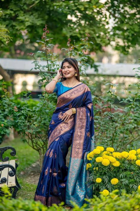 Navy Blue Zari Work Soft Banarasi Silk Saree for Women – Kalyanja