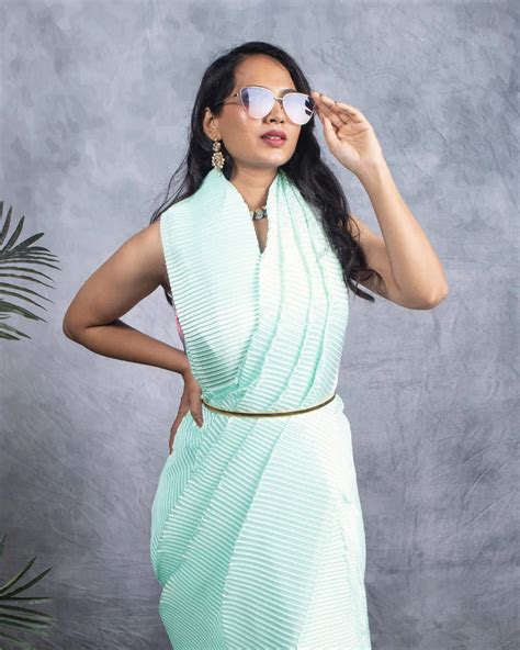 Mint Green Plain Half Pleated Japan Satin Saree – Fabcurate
