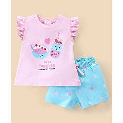 Babyhug Cotton Knit Frill Sleeves Night Suit with Smoothie Print - Pink ...