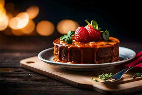 a cake with strawberries and syrup on a plate. AI-Generated 34288046 ...