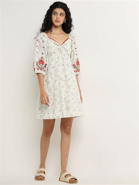 Buy Bombay Paisley Off-White Embroidered A-Line Cotton Dress from Westside