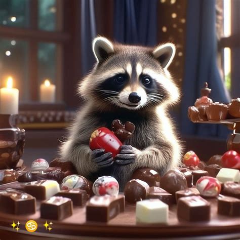 Cute Raccoon Surrounded by Chocolates and Candies