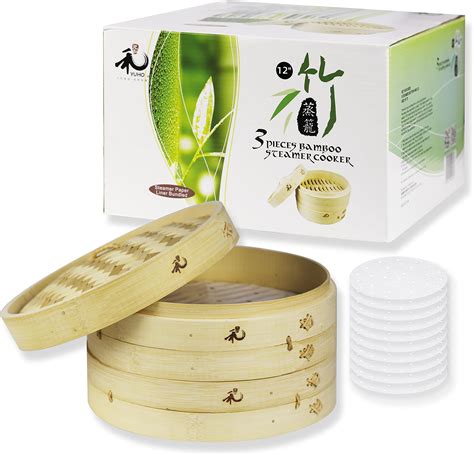 Amazon.com: Dumpling Bamboo Steamer 10 Inch 2 Tier Wooden Basket With ...