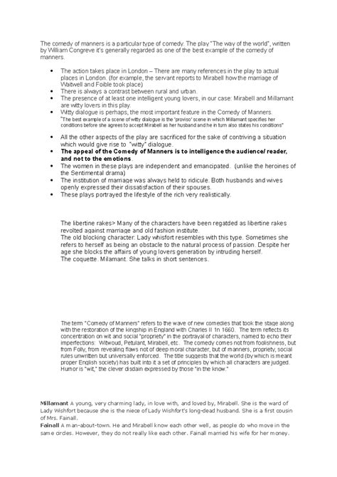 Comedy of Manners - The comedy of manners is a particular type of ...