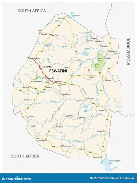 Kingdom of Eswatini Formerly Swaziland Road Map Stock Vector - Illustration of contour, eswatini ...