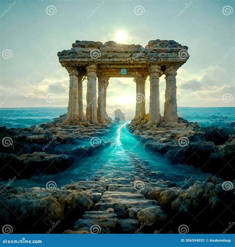 Imaging Construction, Portal With Columns Of Lost Atlantida World Around Ocean Water. Lost ...