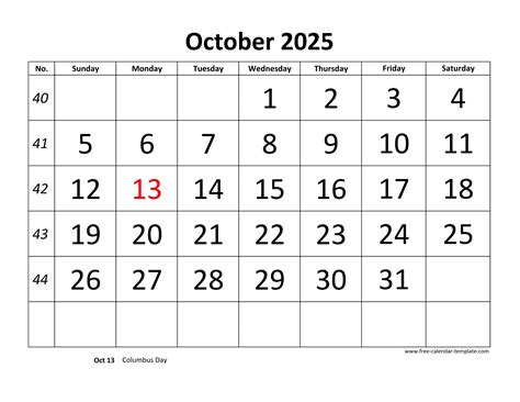 October 2025 Calendar designed with large font (horizontal) | Free ...
