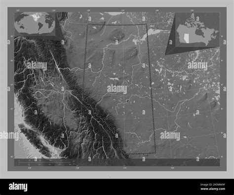 Alberta, province of Canada. Grayscale elevation map with lakes and rivers. Corner auxiliary ...