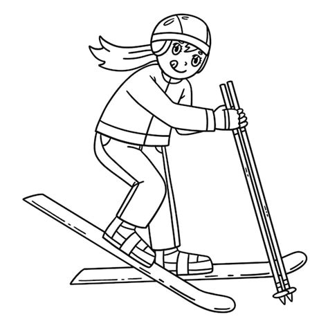 Skiing girl trying to ski isolated coloring page | Premium Vector