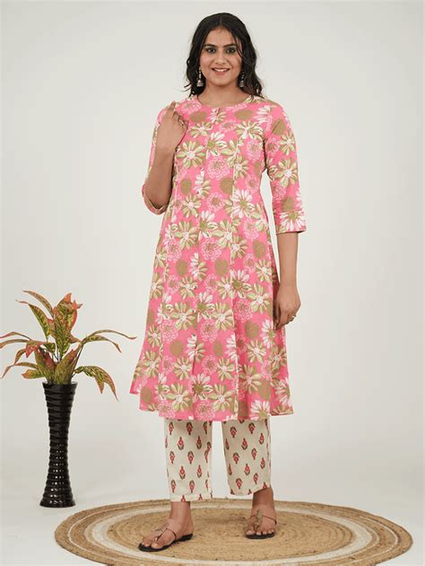Buy Soft Cotton Floral Flared Pink Kurta, Trousers & Dupatta TP8554T ...