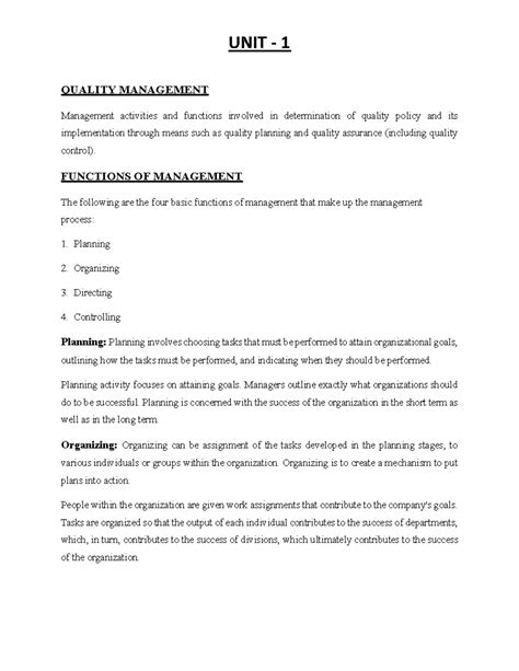TQM Unit-1: Quality Management Functions and Concepts - Studocu