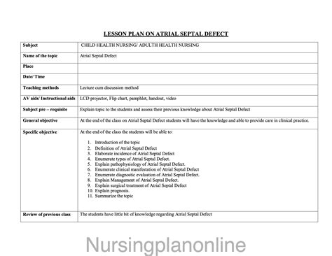 LESSON PLAN- ATRIAL SEPTAL DEFECT – Nursing Plan Online