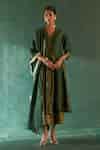 Buy Green Chanderi, Silk, Cotton Embroidery V-neck Striped Paneled ...