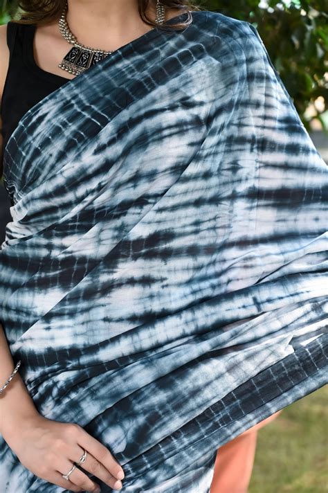 White and black tie die print pure cotton saree – Jaipur Tex