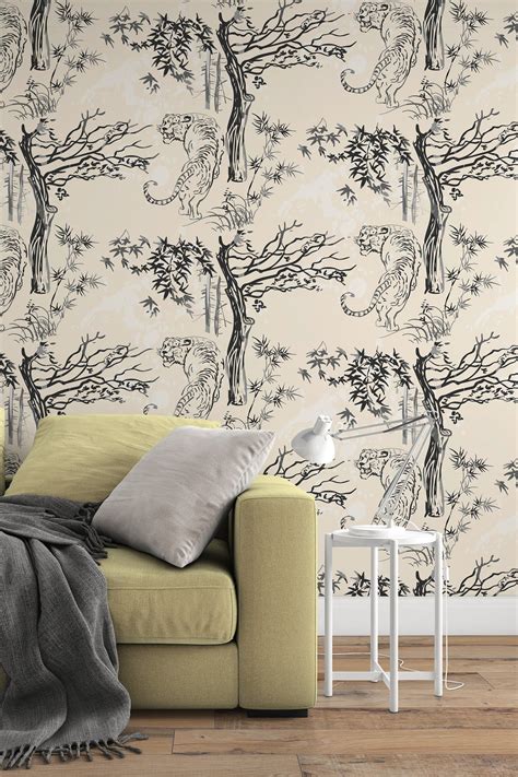 Chinoisery, tigers and trees on a beige background #3463 - Traditional ...