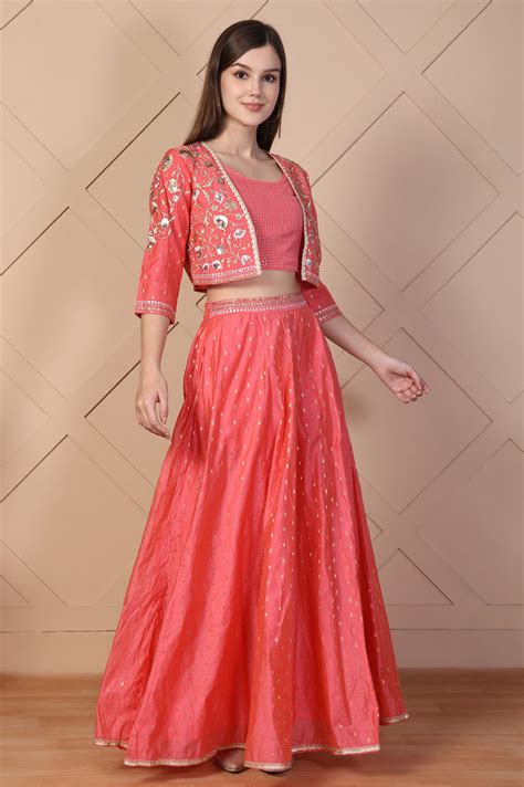 Buy Coral Sequined Crop Top with Flared Skirt and Embroidered Short ...