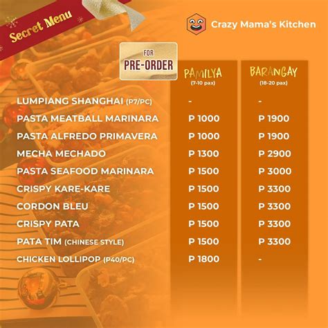 Menu at Crazy Mama's Kitchen restaurant, Marikina
