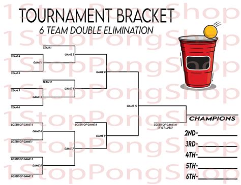 6 Team Double Elimination Beer Pong Tournament Bracket, Instant Digital ...
