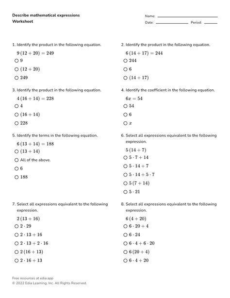 First Year High School Math Worksheets