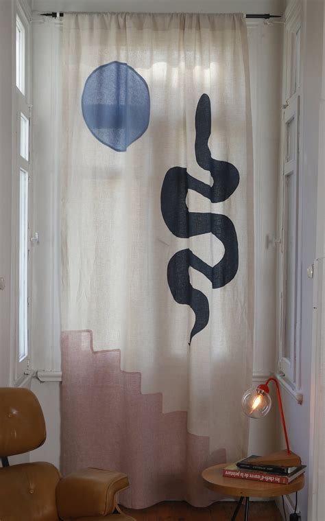 Blue Moon and Snake Linen Curtain / Handmade Linen Window Panel, Pop ...