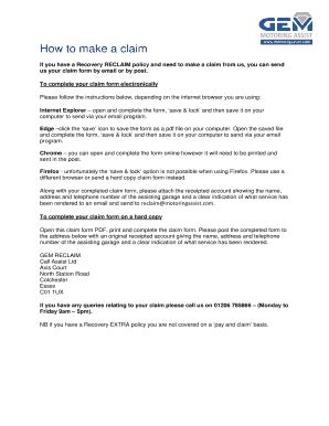 2016 UK GEM Motoring Assist Claim Form - Blank Fillable Template | Fill ...