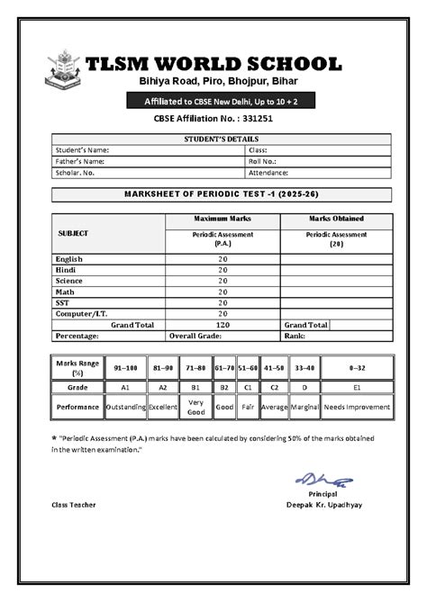 Report Card Format (X) - TLSM World School Periodic Test Details - Studocu