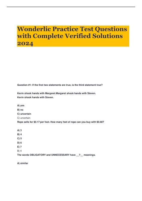 Wonderlic Practice Test Questions with Complete Verified Solutions 2024 ...