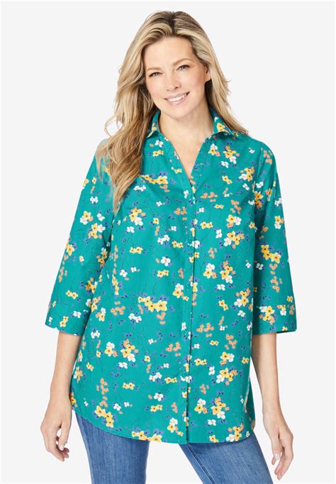 Pleat Back Three-Quarter Sleeve Shirt, French Blue Stripe | Woman Within