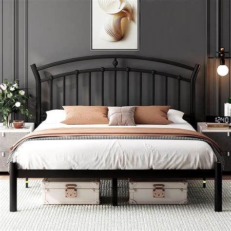 Queen Size Metal Platform Bed Frame with Retro Headboard, Hardened ...