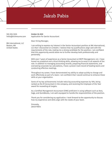 Senior Accountant Cover Letter Sample | Kickresume