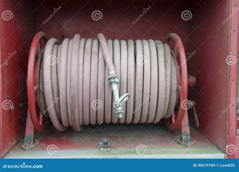 Old Fire Trucks Red Hose Reel Stock Photo - Image of pressure, water ...
