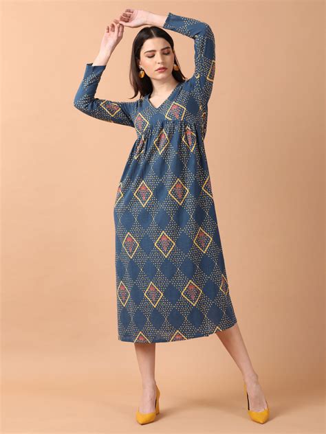 Leila Dress | Blue Printed Maxi Dress With Back Tie Ups | Untung